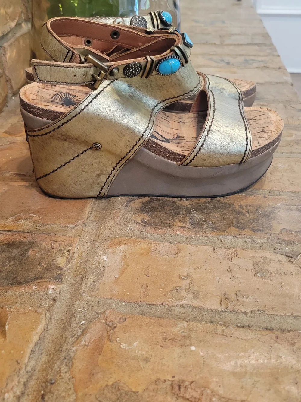 OTBT Gold Wedge Sandals with Turquoise Accents
